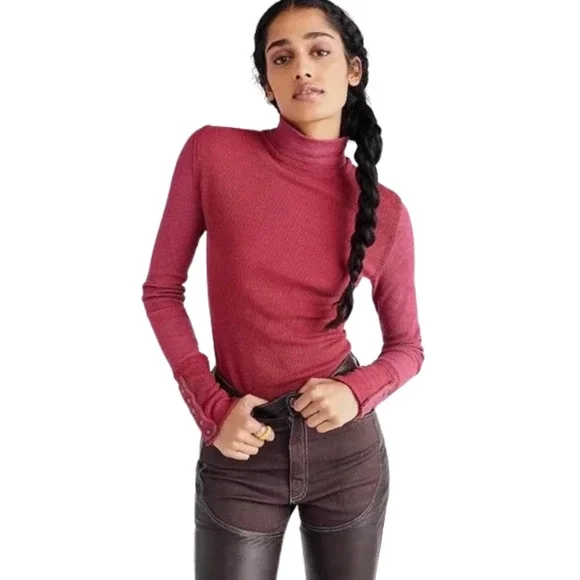 NEW Free People Jojo Mock Neck Long Sleeve Top Off Beat Wine Red Womens Size M - Picture 4 of 15